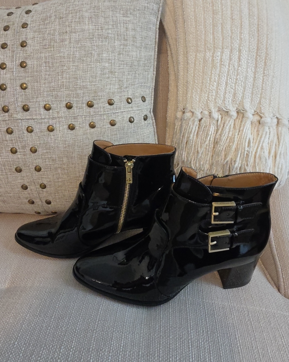 CALVIN KLEIN FLORINE Patent Leather Ankle Boots with Buckles - Black 8